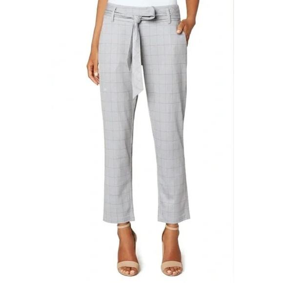 Joie High Waist Belted Trouser Pants in‎ Neutral Grey Cream Plaid, Size 8 - Picture 1 of 10